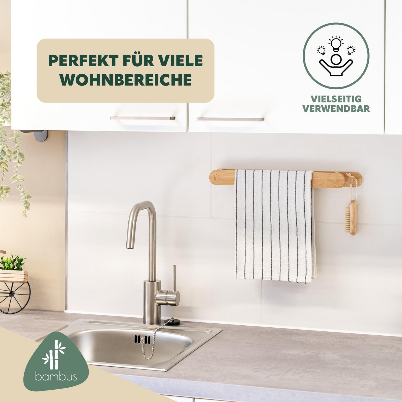 eluno Handtuchstange Küchentuchhalter mit extra Haken aus Bambus Bild 2