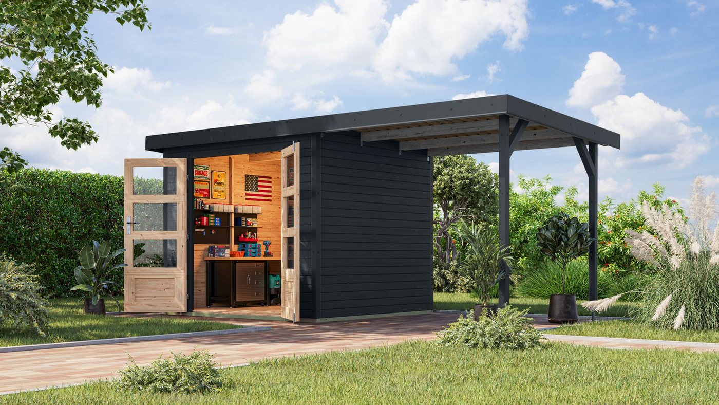 Karibu Gartenhaus Gartenhaus Hollywood in versch. Größen und Farben, opt. mit Anbaudach, BxT: 455x214 cm, (1 Stück, Gartenhaus Hollywood XL mit Anbaudach, terragrau), Größe XL mit Anbaudach, terragrau