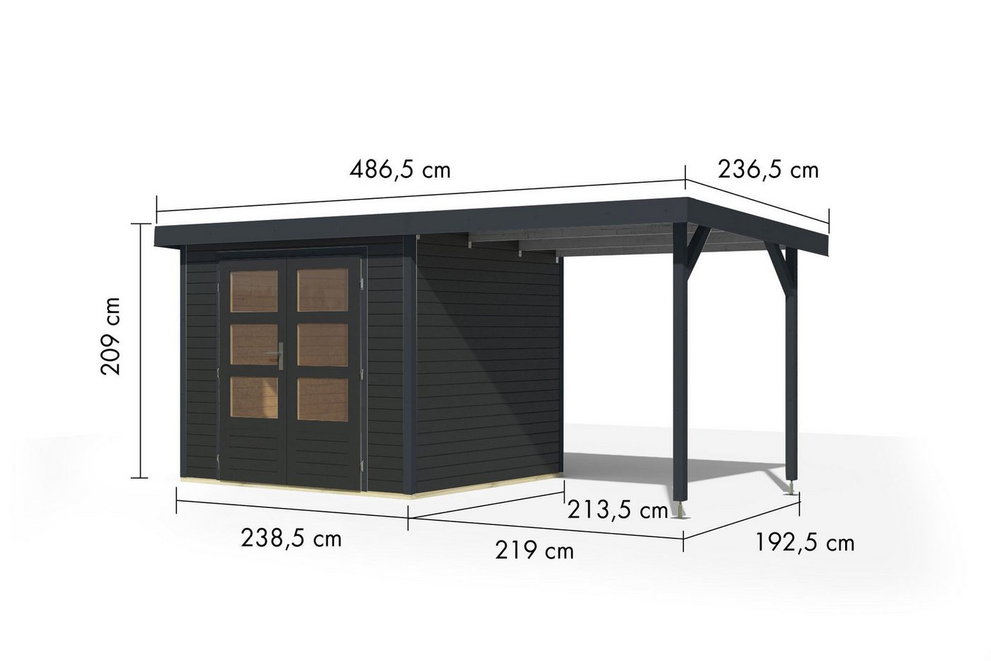 Karibu Gartenhaus Gartenhaus Hollywood in versch. Größen und Farben, opt. mit Anbaudach, BxT: 455x214 cm, (1 Stück, Gartenhaus Hollywood XL mit Anbaudach, terragrau), Größe XL mit Anbaudach, terragrau Bild 2