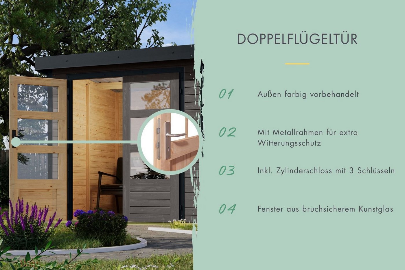 Karibu Gartenhaus Gartenhaus Hollywood in versch. Größen und Farben, opt. mit Anbaudach, BxT: 455x214 cm, (1 Stück, Gartenhaus Hollywood XL mit Anbaudach, terragrau), Größe XL mit Anbaudach, terragrau Bild 4