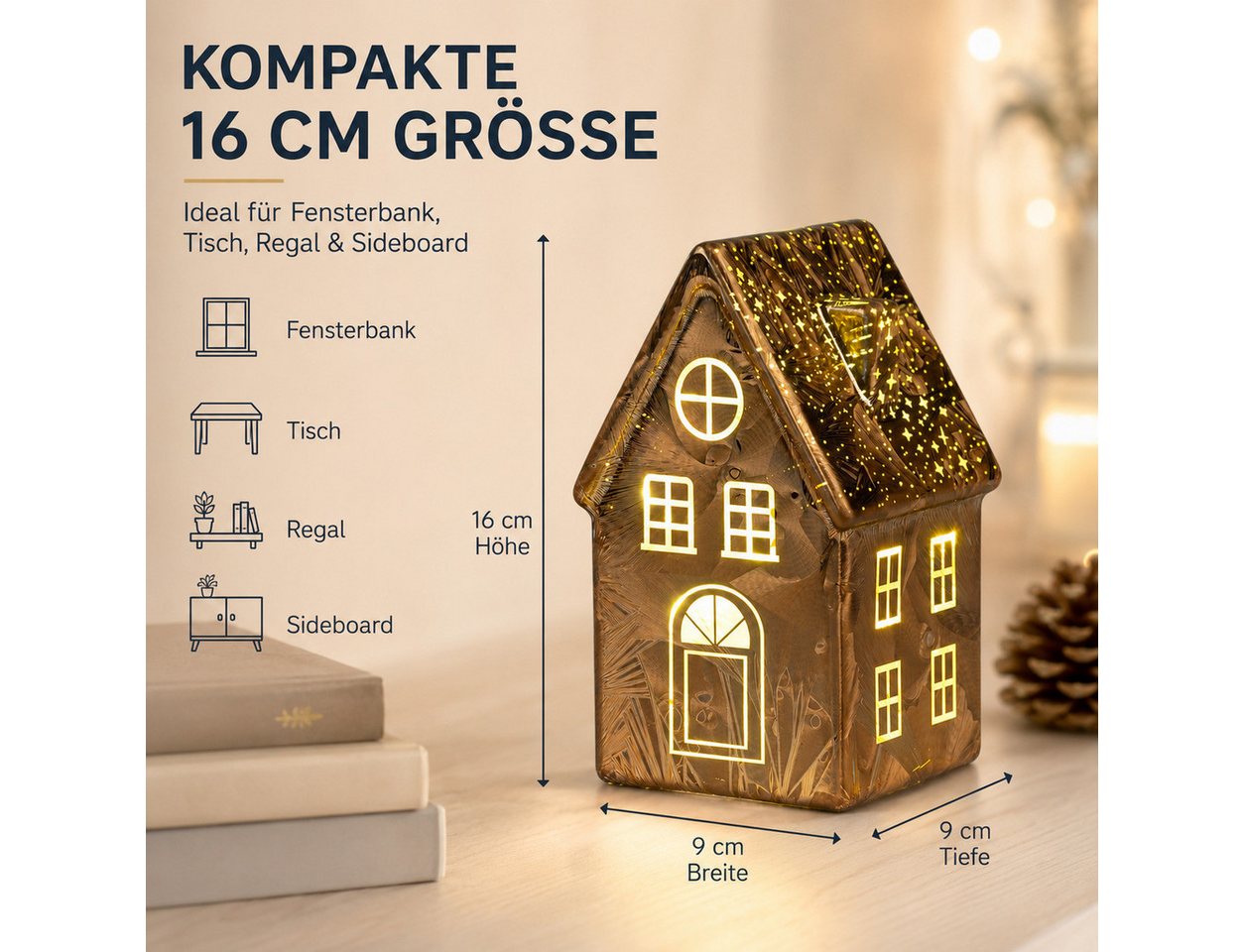 formano LED Dekolicht LED Deko Haus Frosty-Braun Lichthaus aus Farbglas in geeister Optik, LED fest integriert Bild 5