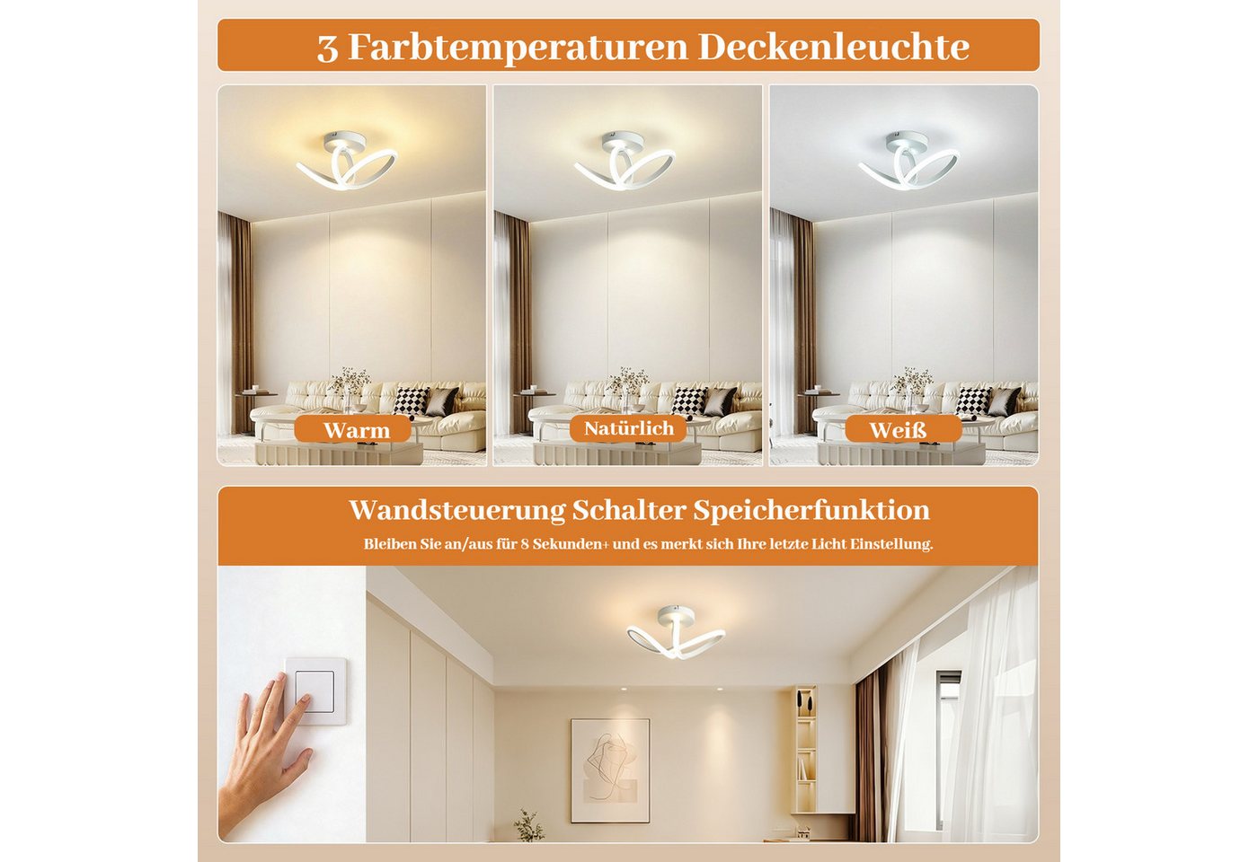 BlingBin Deckenleuchte Moderne 19W LED-Deckenlampe mit 3 Lichtfarben 3000/4500/6500 K,1900 lm, Innenbeleuchtung, LED fest integriert, Warmweiß Neutralweiß Tageslichtweiß, CRI ≥ 80 mit Memory-Funktion für Wohnzimmer, Schlafzimmer und Küche