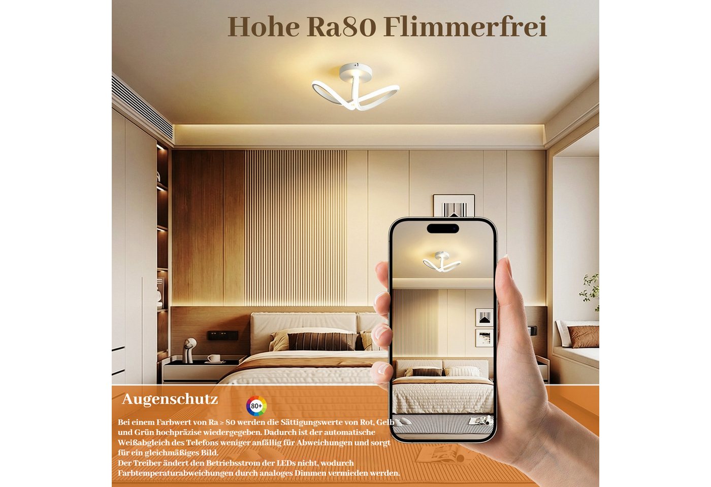 BlingBin Deckenleuchte Moderne 19W LED-Deckenlampe mit 3 Lichtfarben 3000/4500/6500 K,1900 lm, Innenbeleuchtung, LED fest integriert, Warmweiß Neutralweiß Tageslichtweiß, CRI ≥ 80 mit Memory-Funktion für Wohnzimmer, Schlafzimmer und Küche Bild 4