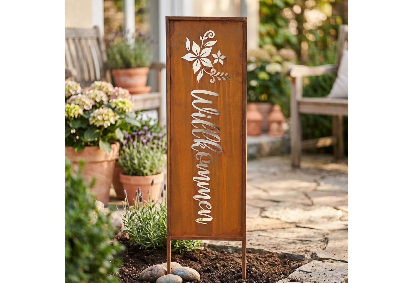 Levandeo® Gartenstecker Gartenstecker Willkommen Rostdeko Metall 83cm Gartenstele Edelrost