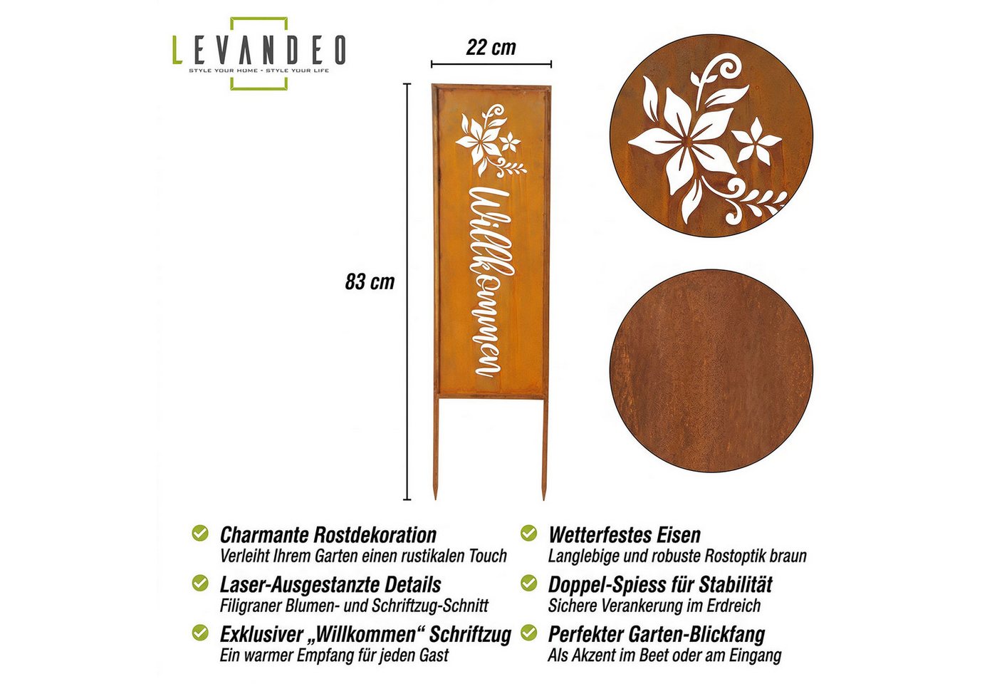 Levandeo® Gartenstecker Gartenstecker Willkommen Rostdeko Metall 83cm Gartenstele Edelrost Bild 4
