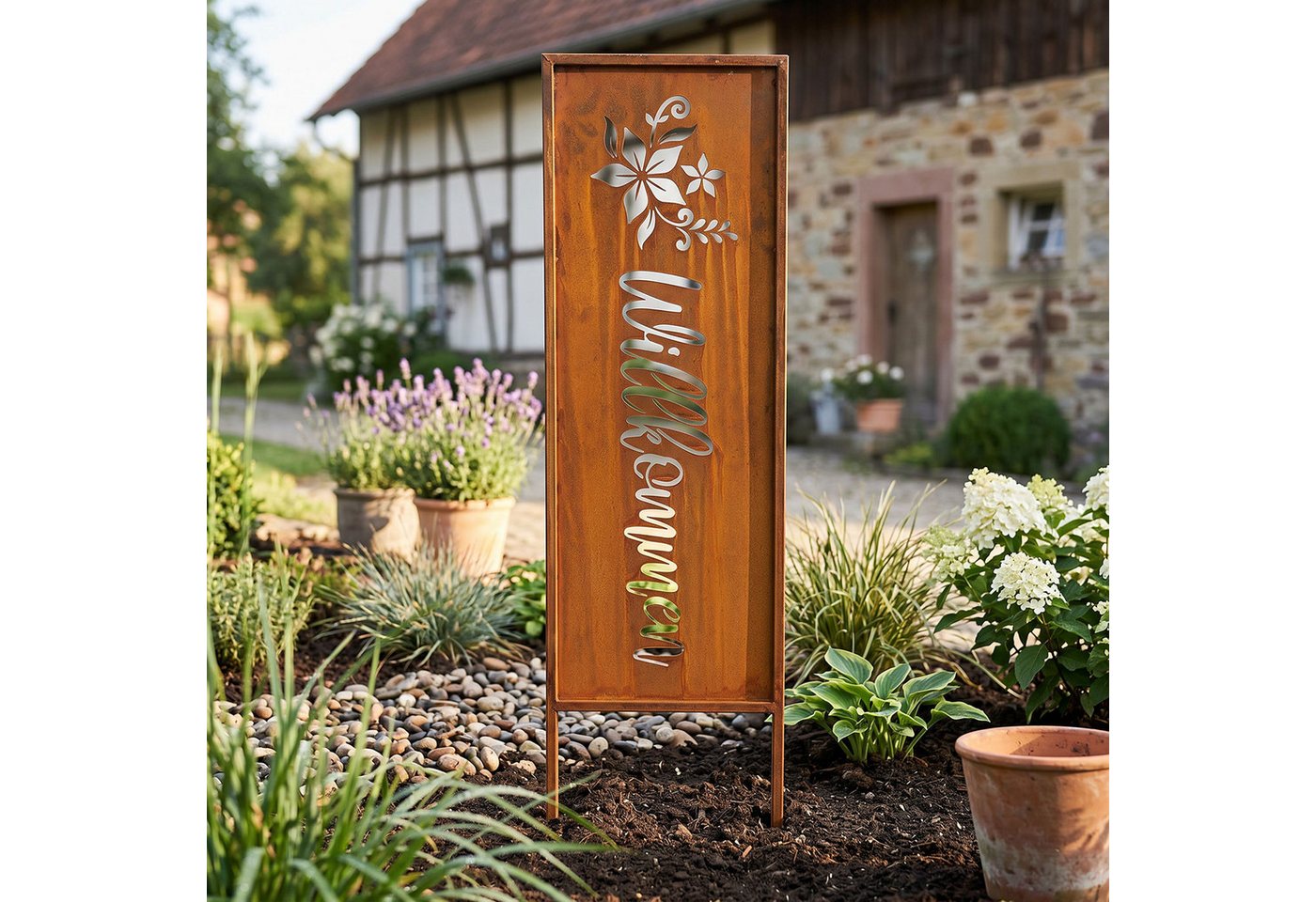 Levandeo® Gartenstecker Gartenstecker Willkommen Rostdeko Metall 83cm Gartenstele Edelrost Bild 5