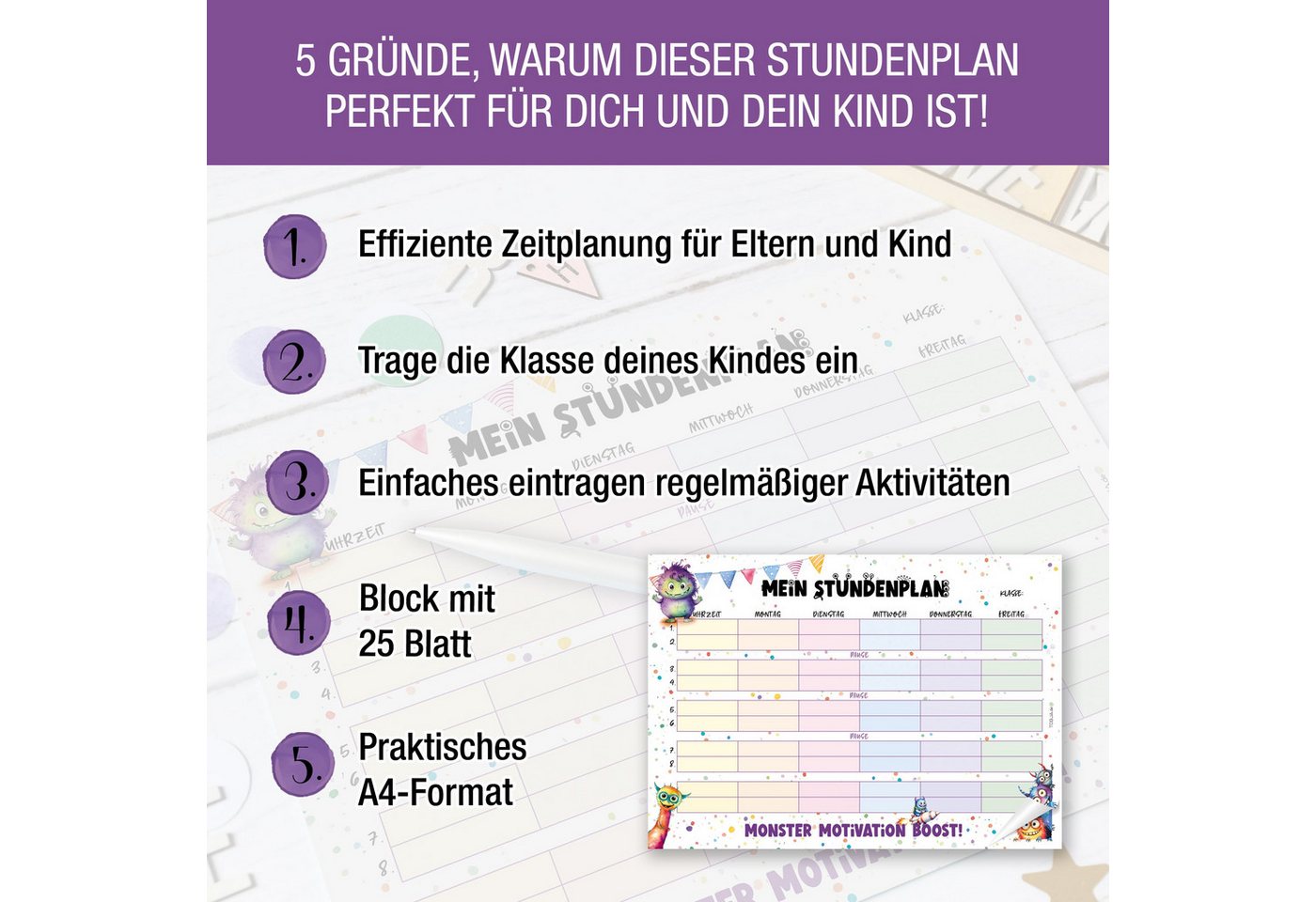 TOBJA Wandkalender Stundenplan Monster- Block 25 Seiten, Stundenplan 1. Klasse, Füllung Schultüte Mädchen