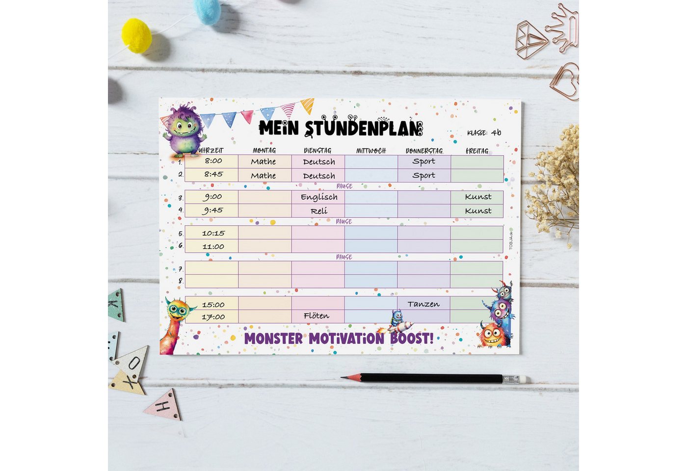 TOBJA Wandkalender Stundenplan Monster- Block 25 Seiten, Stundenplan 1. Klasse, Füllung Schultüte Mädchen Bild 2