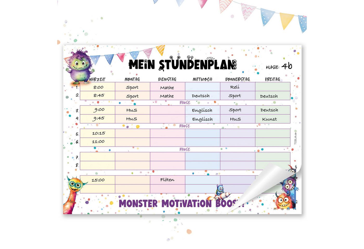 TOBJA Wandkalender Stundenplan Monster- Block 25 Seiten, Stundenplan 1. Klasse, Füllung Schultüte Mädchen Bild 3