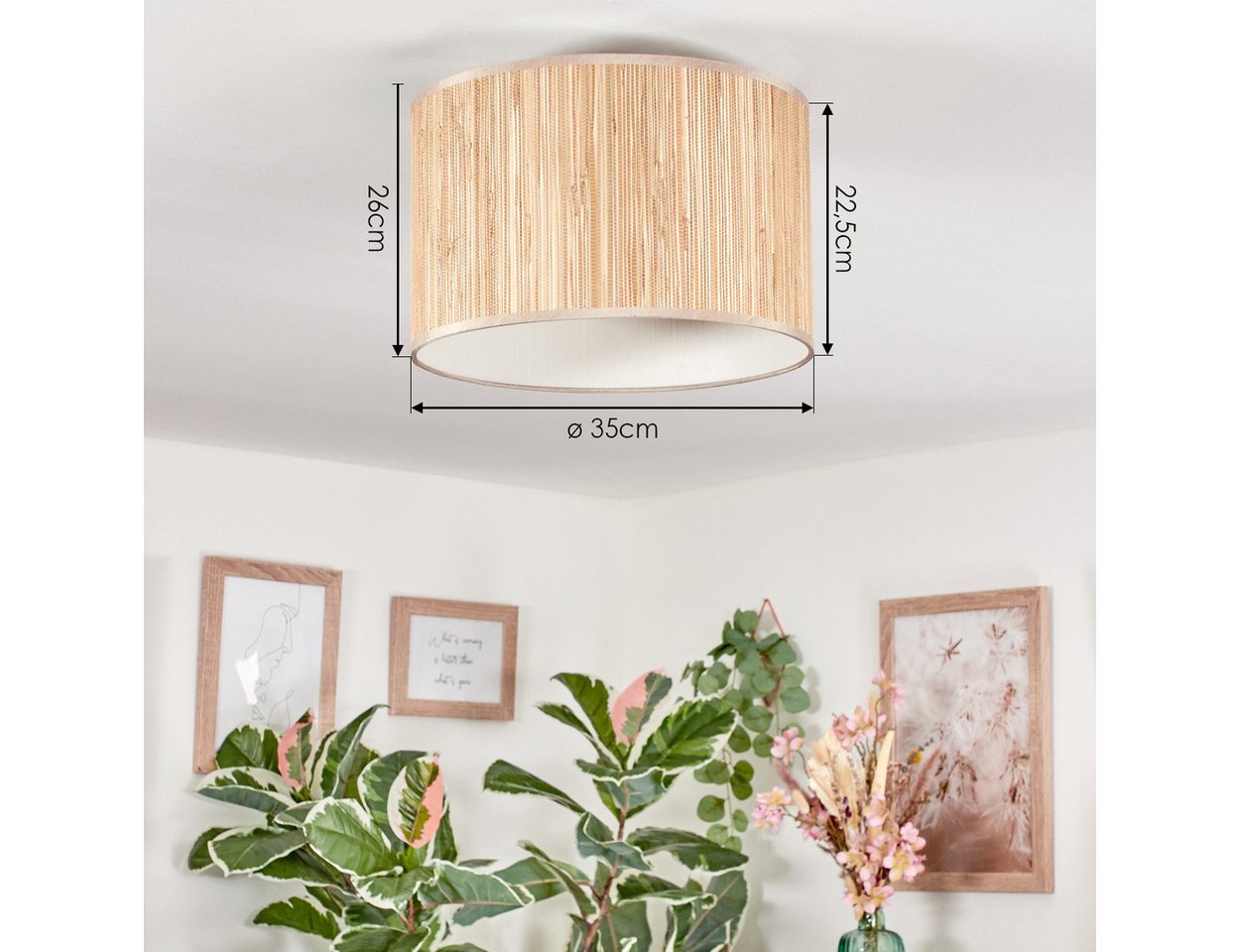 hofstein Deckenleuchte Deckenlampe aus Metall/Seegras/Stoff in Schwarz/Natur/Beige, modenre Leuchte im Boho-Design (35 cm), E27, Esszimmer, Flur Bild 4