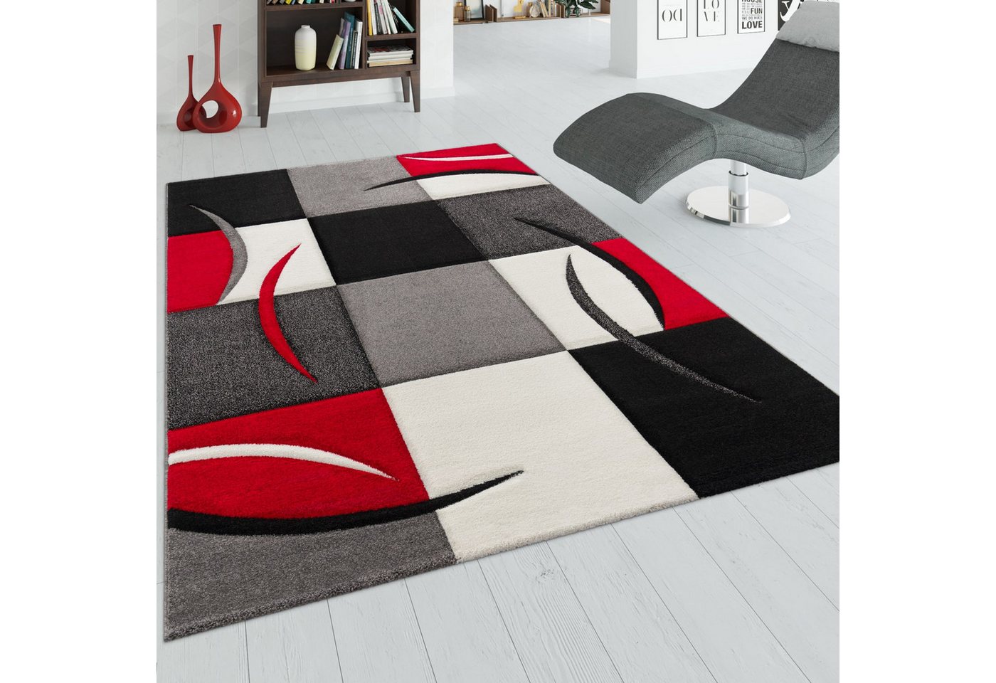 KADIMA DESIGN Teppich Karo Wohnzimmer 100% Polypropylen schmutzabweisend Teppich Kurzflor, Läufer, Höhe: 16 mm, Florhöhe: 12 mm, 100% Polypropylen, Rechteckig, 60x110cm, Rot Bild 5