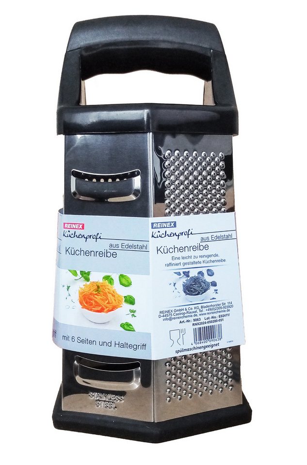 Reinex Multireibe SECHSKANTREIBE 23cm Edelstahl Griff Gemüsereibe 38 (Schwarz), Multireibe Turmreibe Gemüsehobel Käsereibe Küchenreibe Reibe