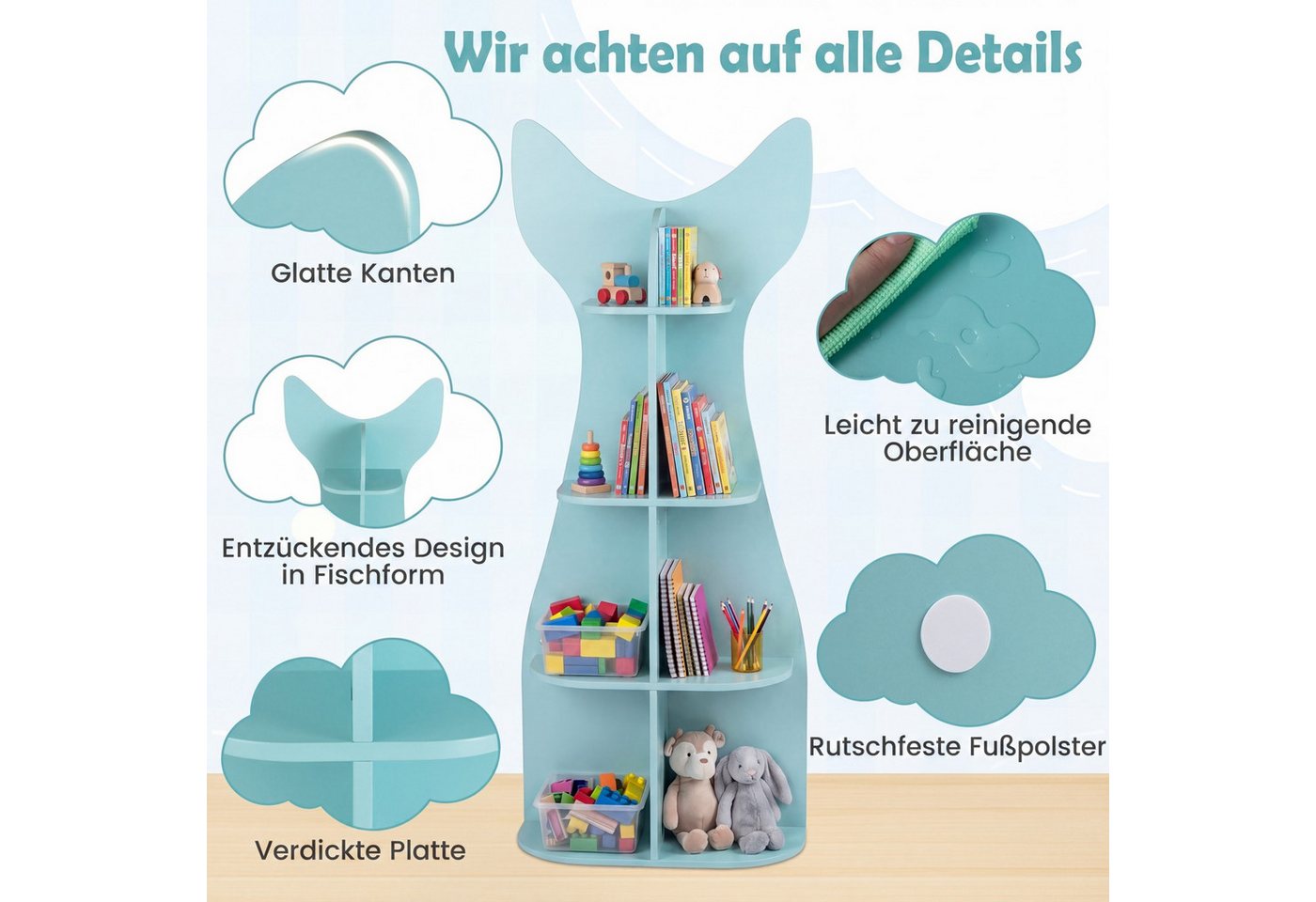 COSTWAY Kinderregal, Kinder Bücherregal in Fischschwanzform mit 8 offenen Fächern Bild 3