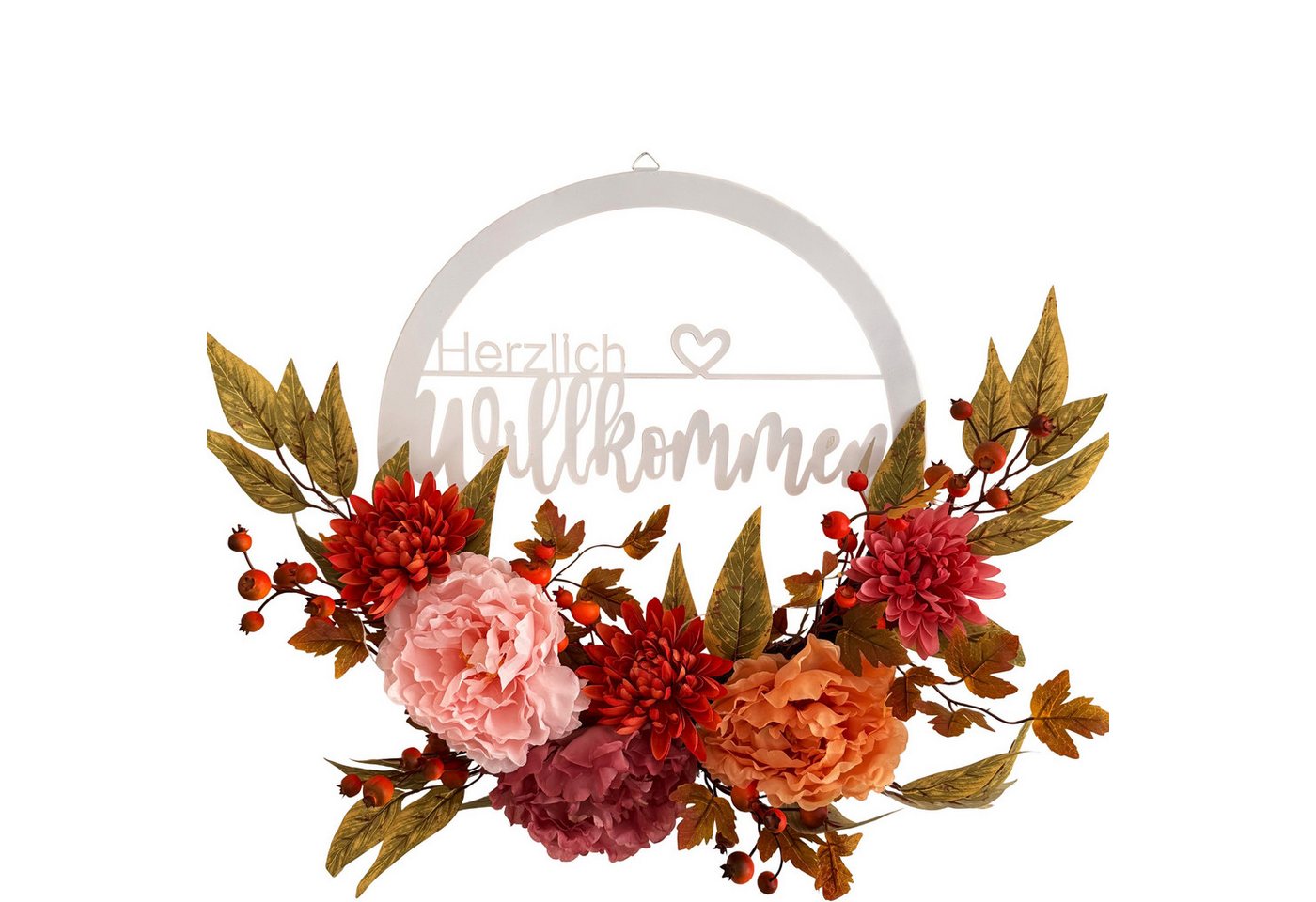 Online-Fuchs Dekokranz Türkranz mit Kunstblumen, LED-Lichterkette & Timer - Herbstdeko, mit Schriftzug „Herzlich Willkommen“ aus Metall gefertigt Bild 3