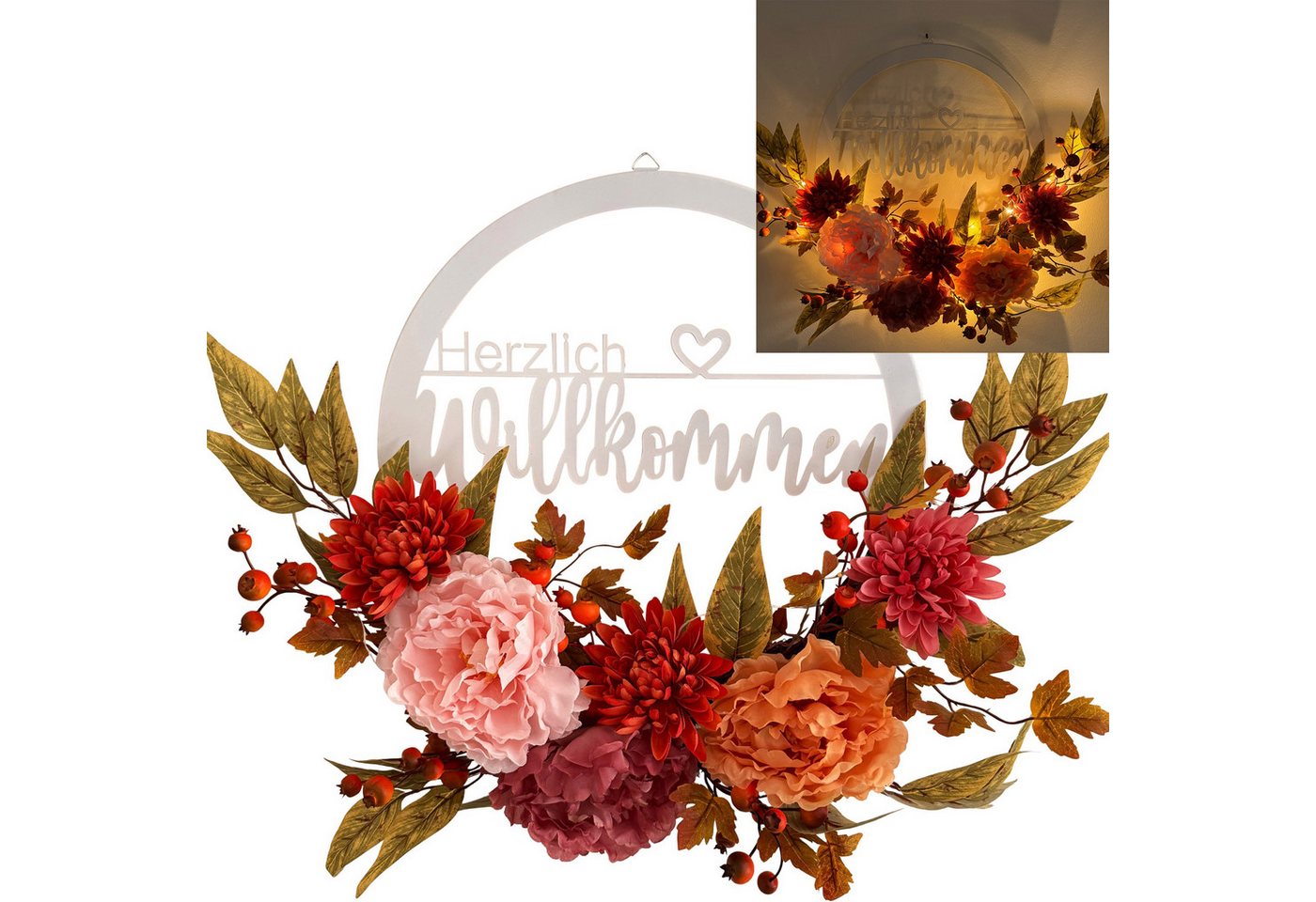 Online-Fuchs Dekokranz Türkranz mit Kunstblumen, LED-Lichterkette & Timer - Herbstdeko, mit Schriftzug „Herzlich Willkommen“ aus Metall gefertigt Bild 4