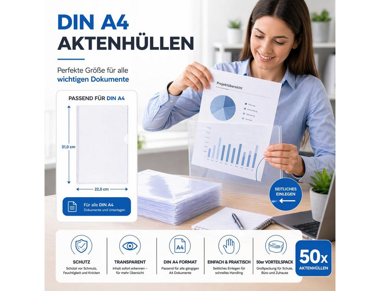 TK Gruppe Prospekthülle 50x Aktenhüllen A4 transparent – Seitlich offene Klarsichthüllen Bild 5