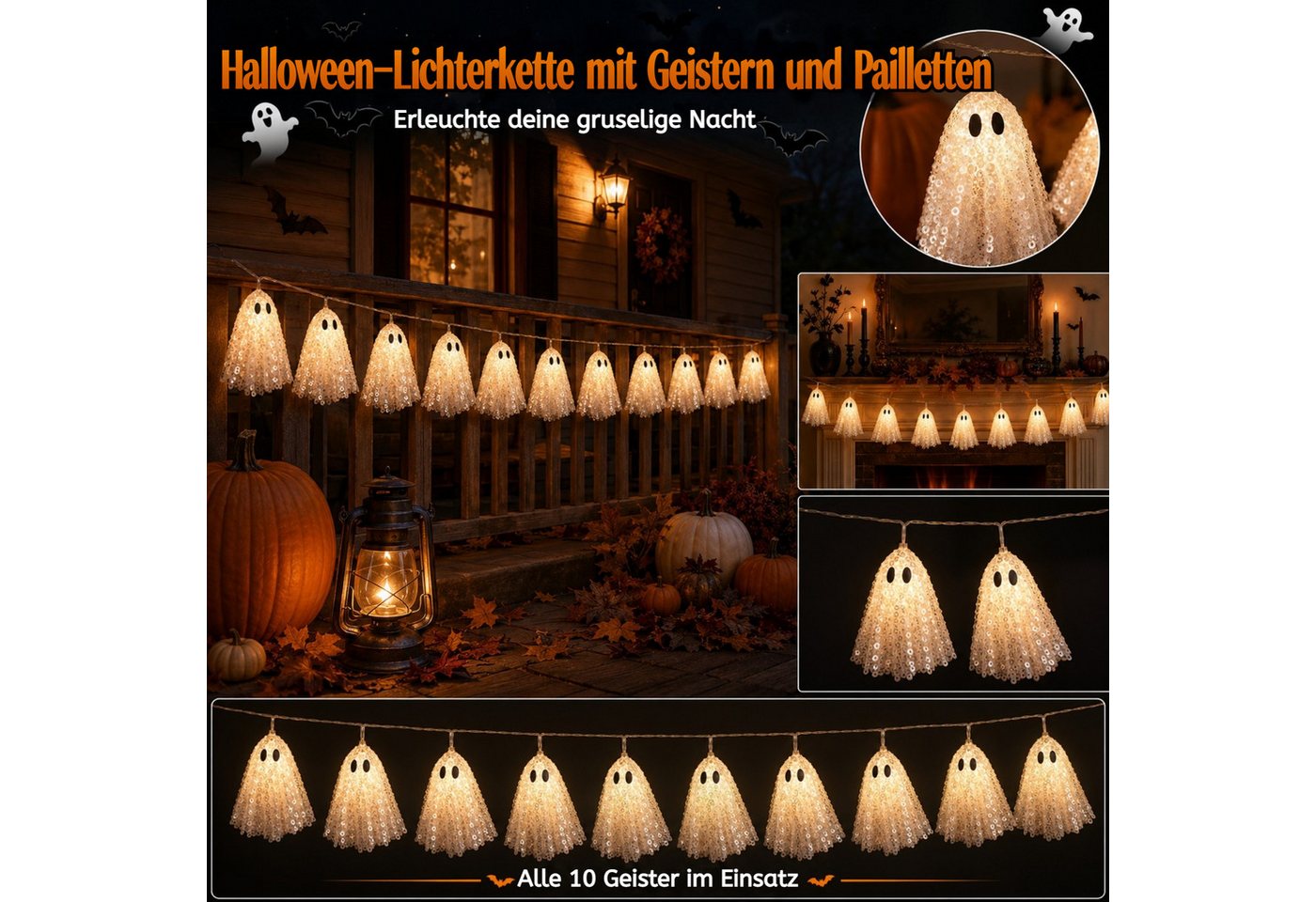 QUBEBU Dekolicht Halloween LED Lichterkette 200cm 10Stk Hängende Gespenst Lichterketten, Bling-Bling Geisterlichter, 2 Modi Warmes Licht Geist-Dekoration, Batteriebetriebene Gespenst Lampe für Party Garten Haustür Terrasse