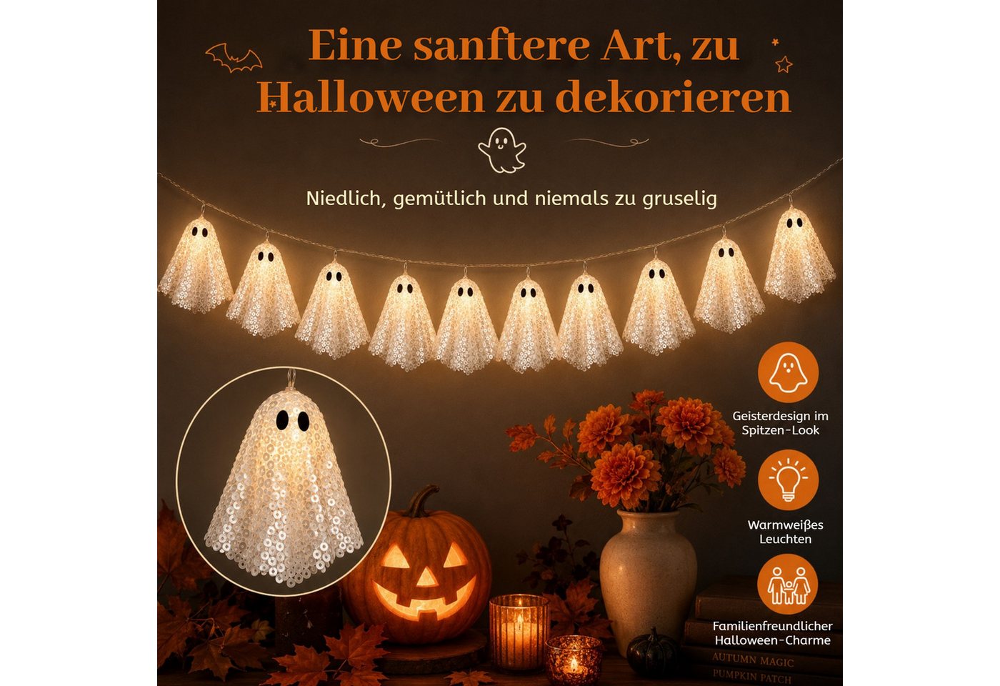 QUBEBU Dekolicht Halloween LED Lichterkette 200cm 10Stk Hängende Gespenst Lichterketten, Bling-Bling Geisterlichter, 2 Modi Warmes Licht Geist-Dekoration, Batteriebetriebene Gespenst Lampe für Party Garten Haustür Terrasse Bild 2
