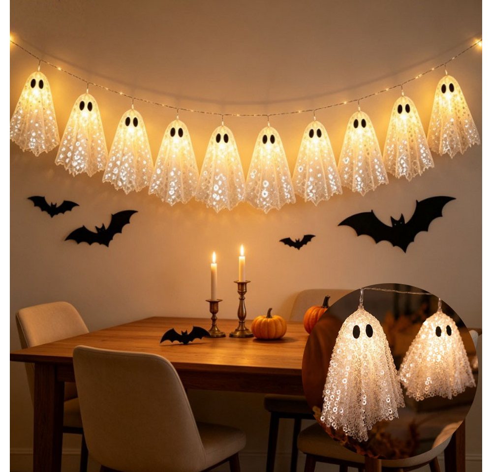 QUBEBU Dekolicht Halloween LED Lichterkette 200cm 10Stk Hängende Gespenst Lichterketten, Bling-Bling Geisterlichter, 2 Modi Warmes Licht Geist-Dekoration, Batteriebetriebene Gespenst Lampe für Party Garten Haustür Terrasse Bild 3