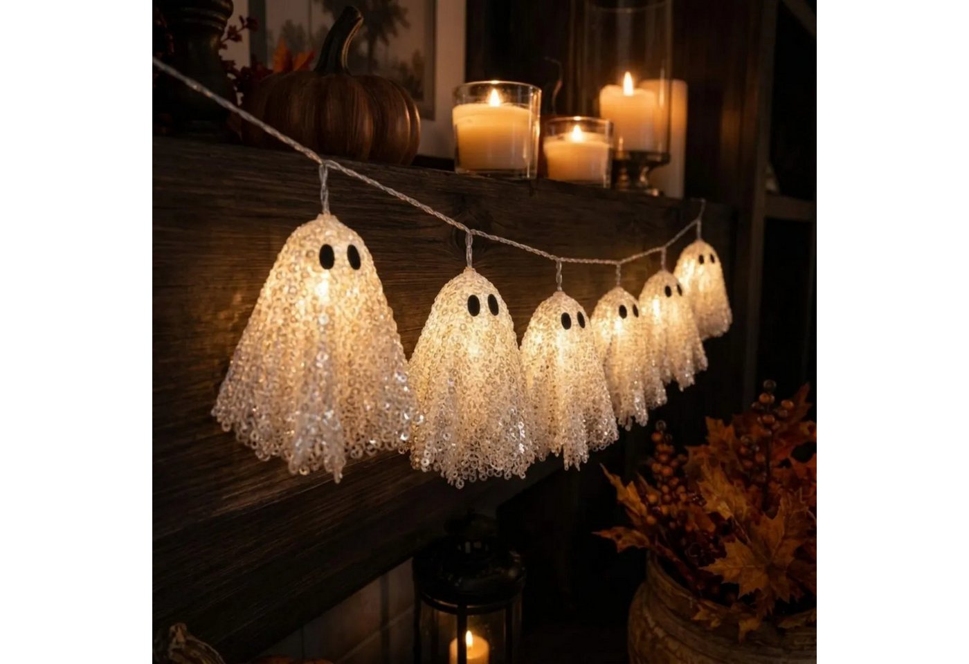 QUBEBU Dekolicht Halloween LED Lichterkette 200cm 10Stk Hängende Gespenst Lichterketten, Bling-Bling Geisterlichter, 2 Modi Warmes Licht Geist-Dekoration, Batteriebetriebene Gespenst Lampe für Party Garten Haustür Terrasse Bild 4