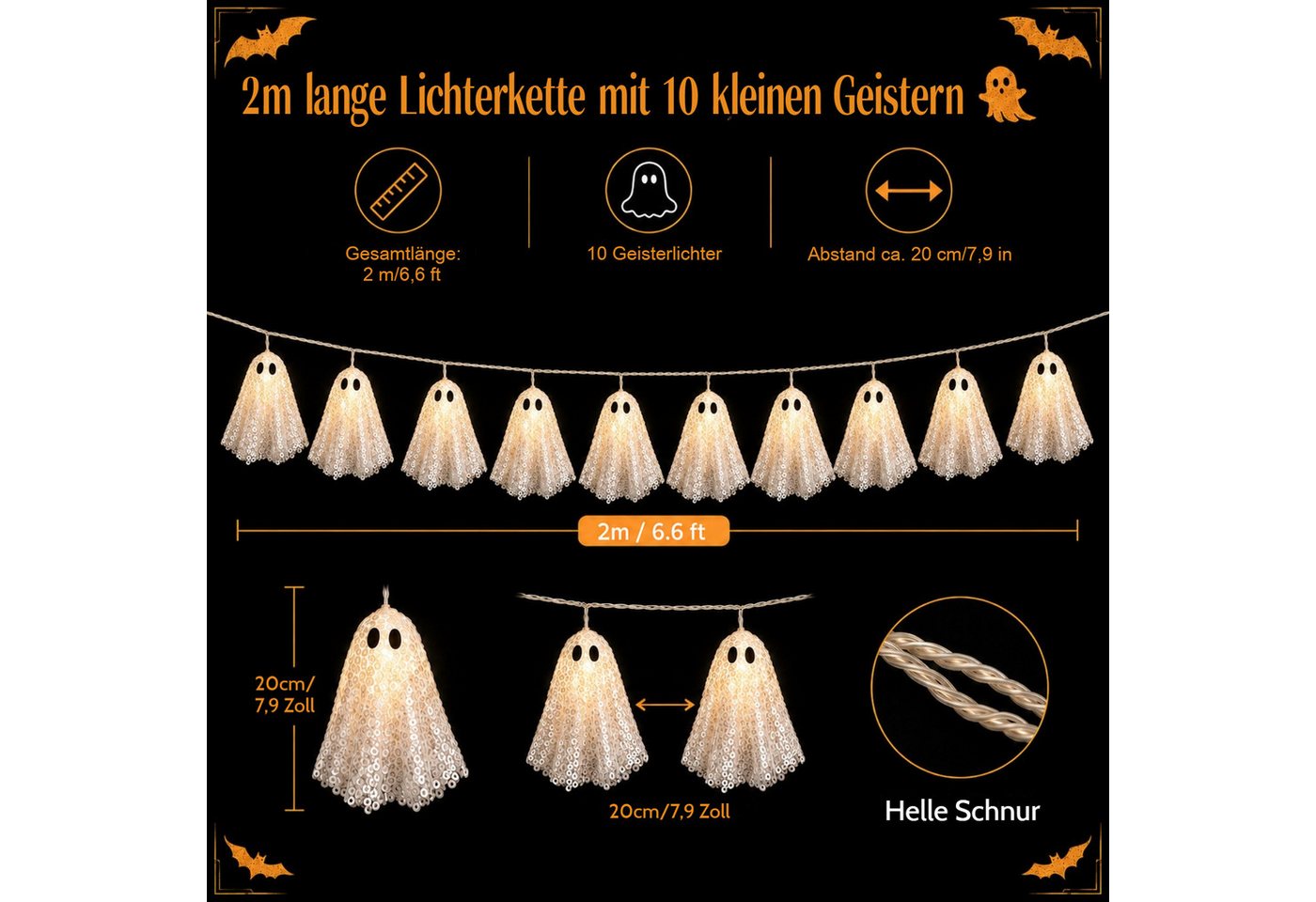 QUBEBU Dekolicht Halloween LED Lichterkette 200cm 10Stk Hängende Gespenst Lichterketten, Bling-Bling Geisterlichter, 2 Modi Warmes Licht Geist-Dekoration, Batteriebetriebene Gespenst Lampe für Party Garten Haustür Terrasse Bild 5