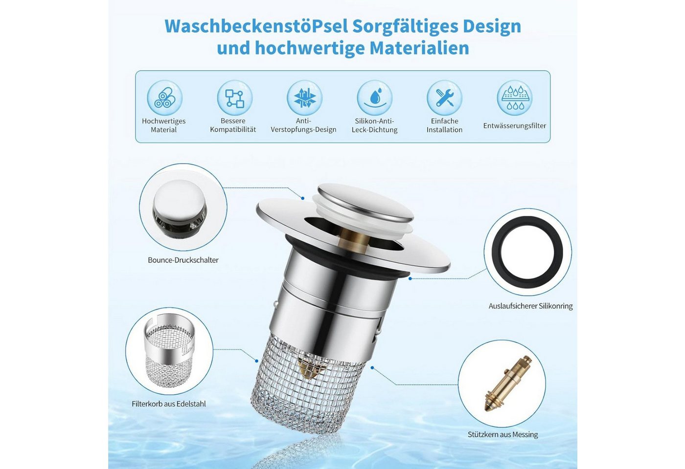 FELIXLEO Waschbeckenstöpsel WaschbeckenstöPsel für 34-40mm Abflussstopfen Waschbecken, (6 St) Bild 4