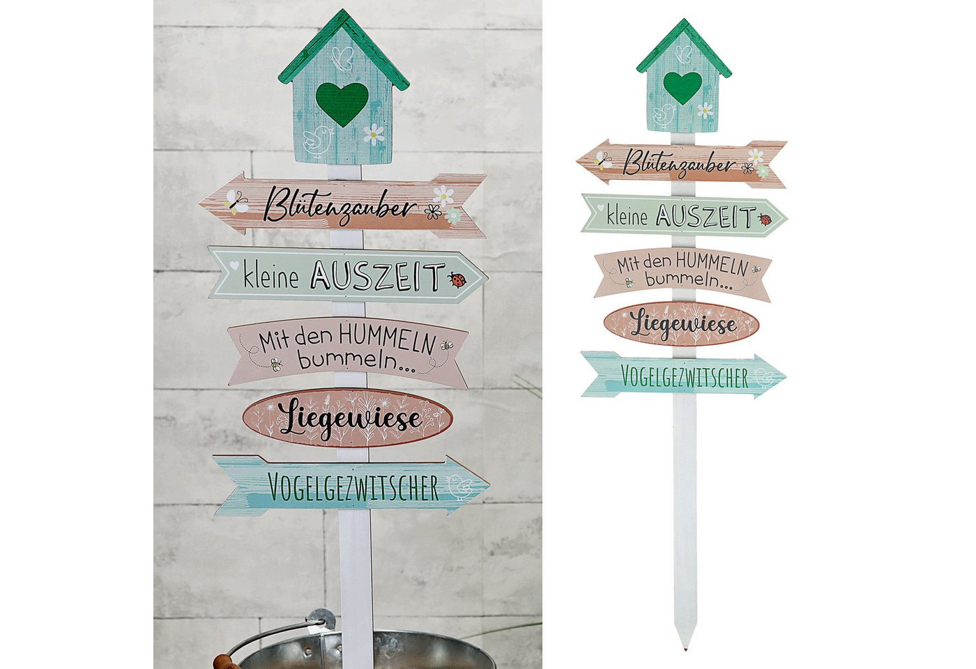 CEPEWA Gartenstecker Gartenschild Wegweiser Holzschild 76cm grün rosa 5 Planken Vogelhaus Bild 5