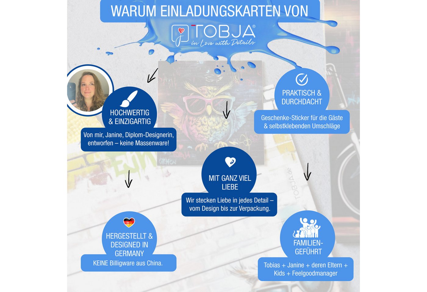 TOBJA Einladungskarten 10 Einladungskarten Eule inkl Umschläge und Sticker, Kindergeburtstag Junge Geburtstag Einladung Kinder
