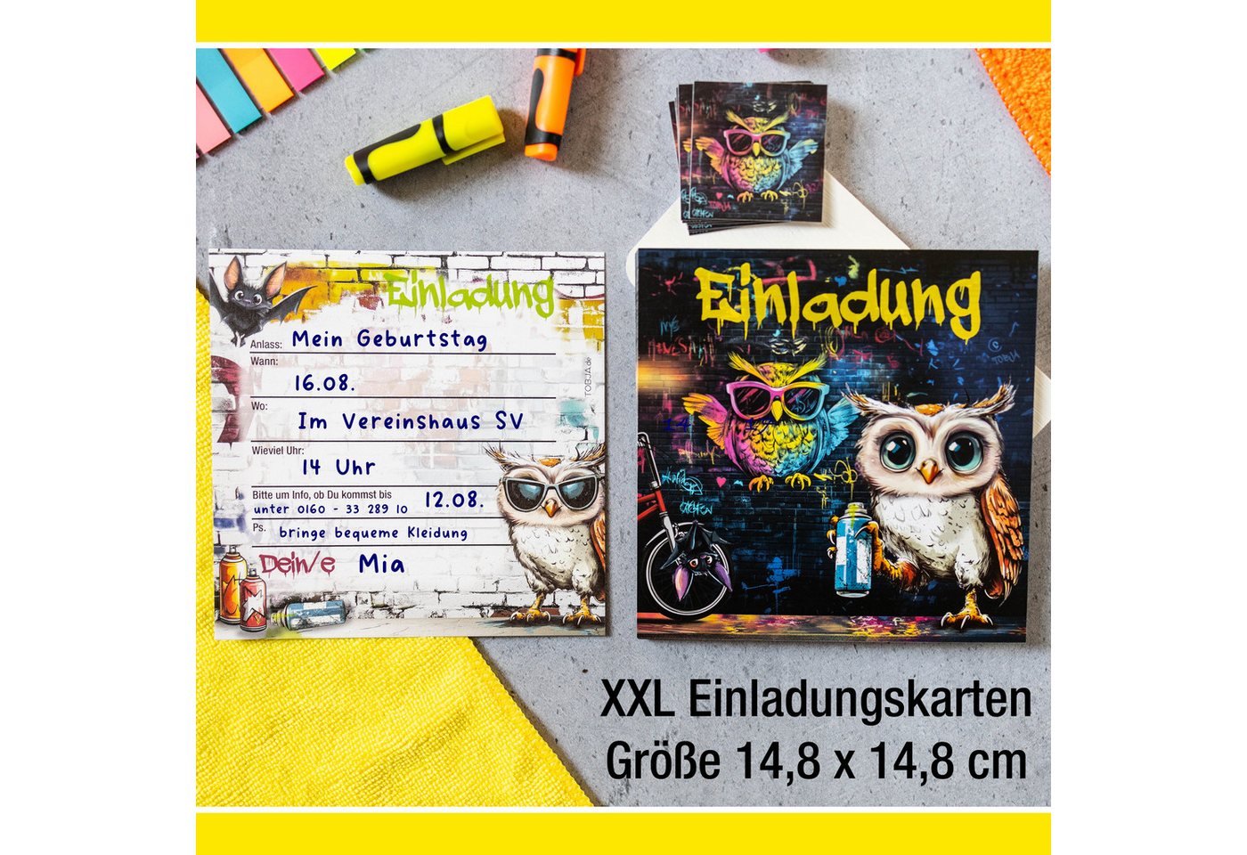 TOBJA Einladungskarten 10 Einladungskarten Eule inkl Umschläge und Sticker, Kindergeburtstag Junge Geburtstag Einladung Kinder Bild 3