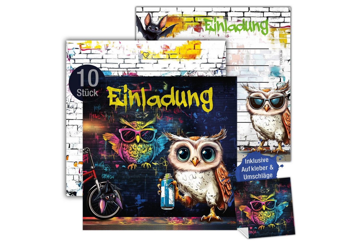 TOBJA Einladungskarten 10 Einladungskarten Eule inkl Umschläge und Sticker, Kindergeburtstag Junge Geburtstag Einladung Kinder Bild 4
