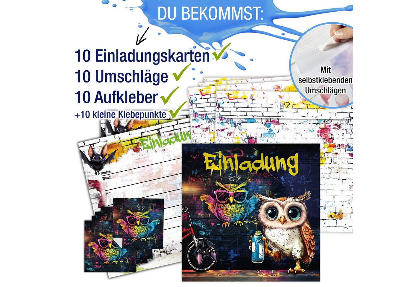 TOBJA Einladungskarten 10 Einladungskarten Eule inkl Umschläge und Sticker, Kindergeburtstag Junge Geburtstag Einladung Kinder Bild 5