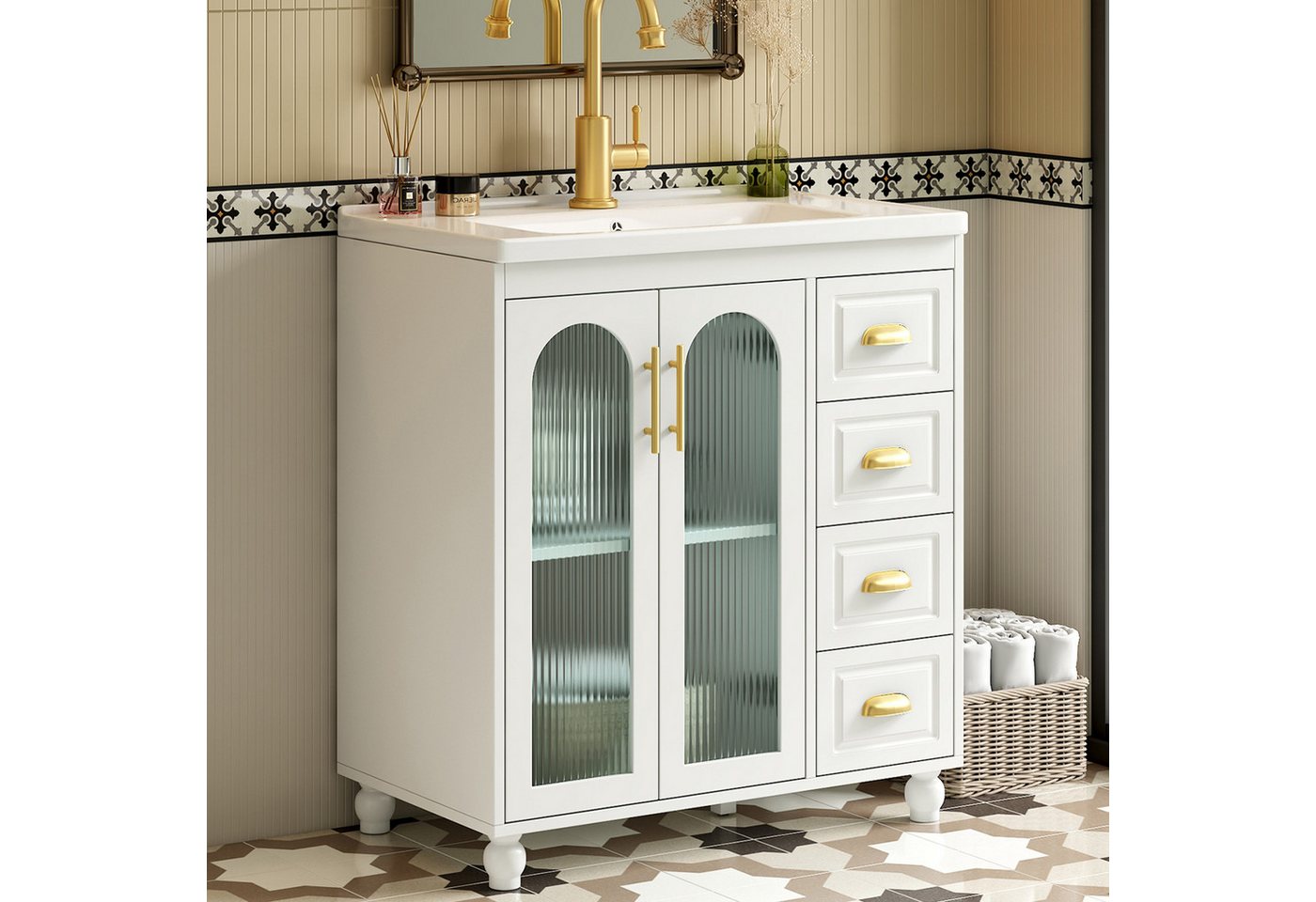 MODFU Badmöbel-Set mit Waschbecken, 80 cm, (Sideboard, Schrank, 1-St., viel Stauraum, einfach zu montieren), moderne Glasleiste, minimalistisch