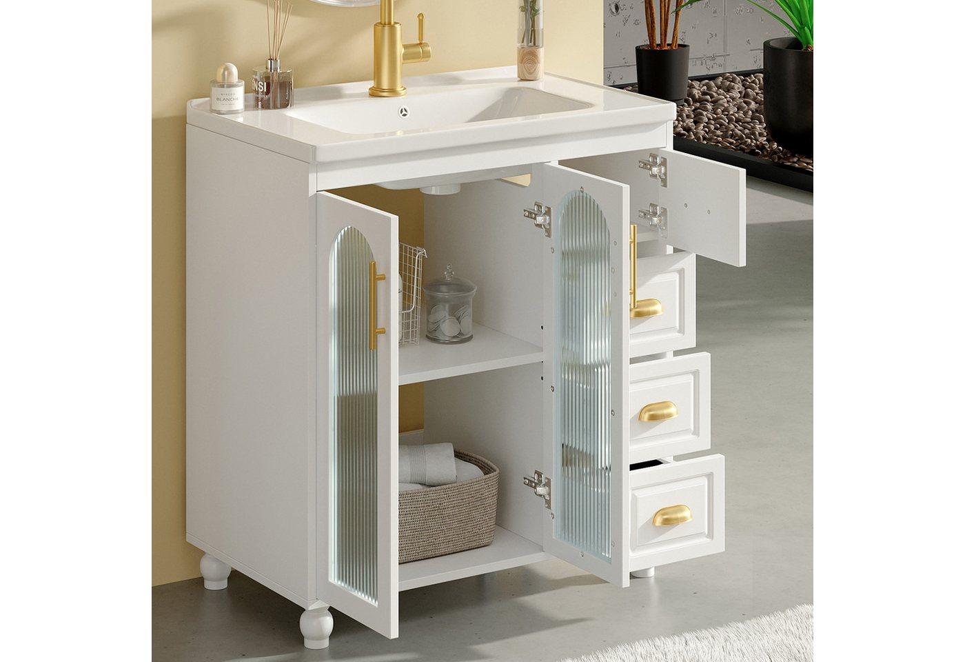 MODFU Badmöbel-Set mit Waschbecken, 80 cm, (Sideboard, Schrank, 1-St., viel Stauraum, einfach zu montieren), moderne Glasleiste, minimalistisch Bild 2