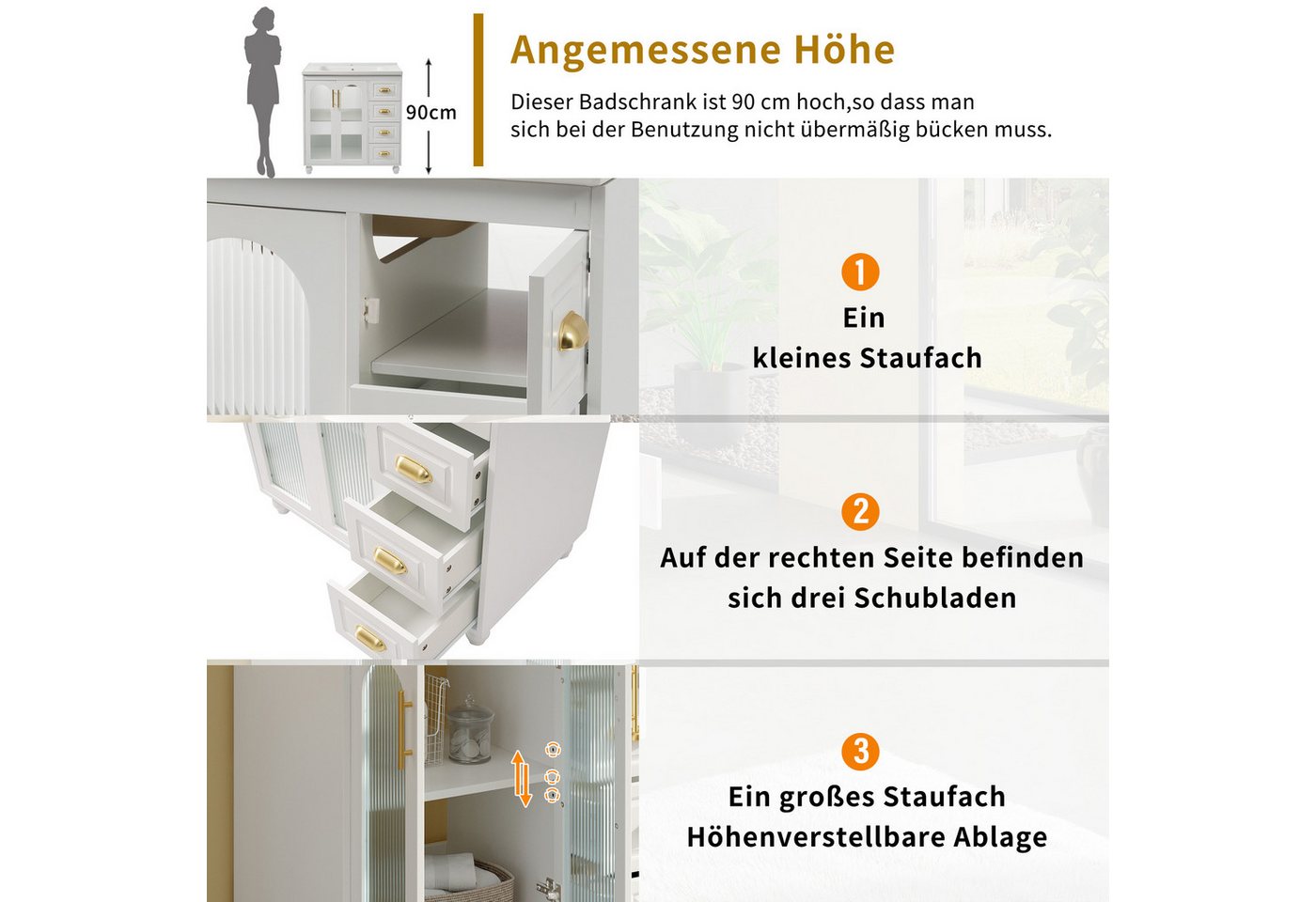 MODFU Badmöbel-Set mit Waschbecken, 80 cm, (Sideboard, Schrank, 1-St., viel Stauraum, einfach zu montieren), moderne Glasleiste, minimalistisch Bild 3