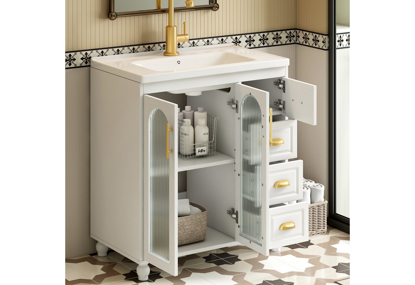 MODFU Badmöbel-Set mit Waschbecken, 80 cm, (Sideboard, Schrank, 1-St., viel Stauraum, einfach zu montieren), moderne Glasleiste, minimalistisch Bild 4