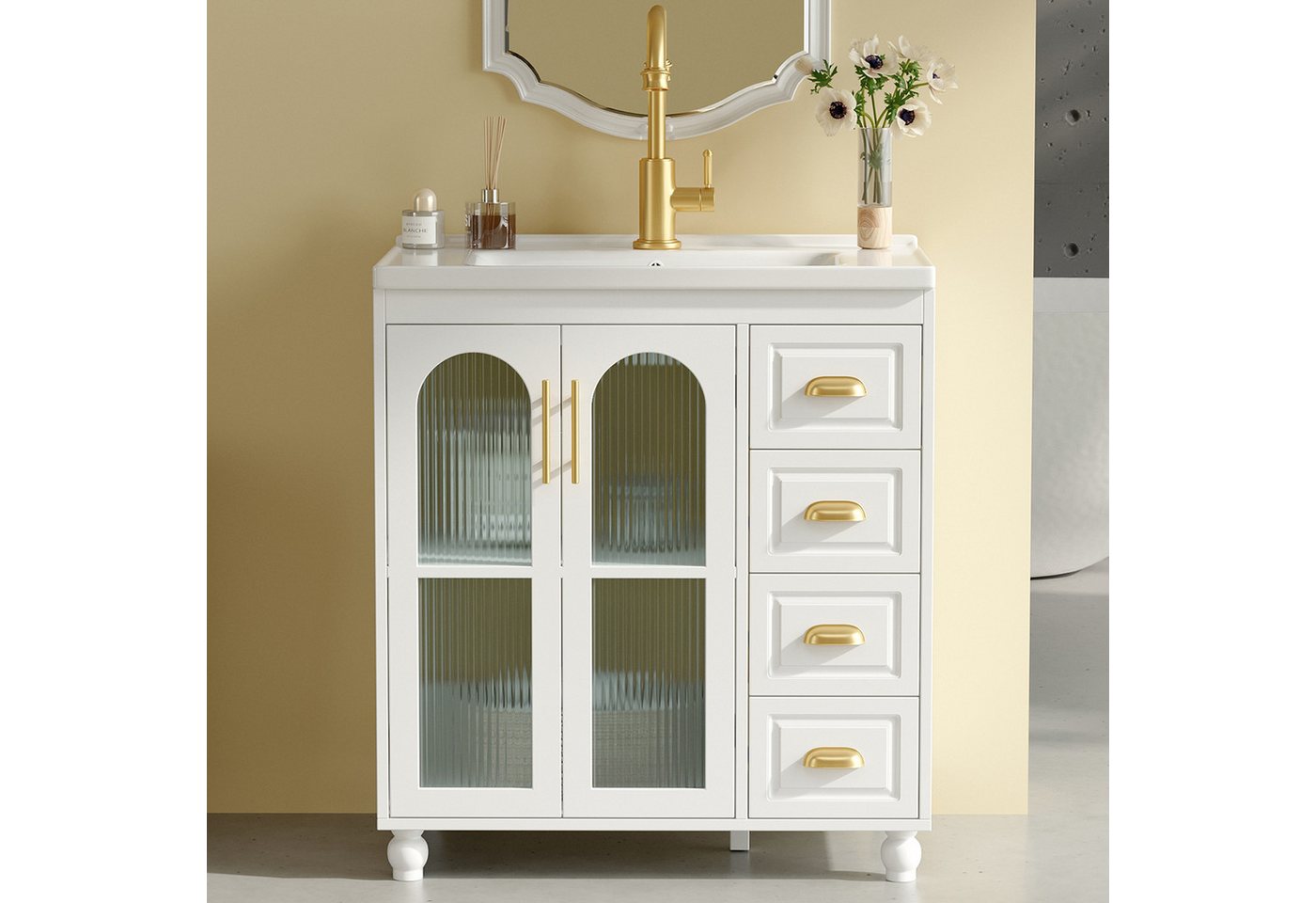 MODFU Badmöbel-Set mit Waschbecken, 80 cm, (Sideboard, Schrank, 1-St., viel Stauraum, einfach zu montieren), moderne Glasleiste, minimalistisch Bild 5