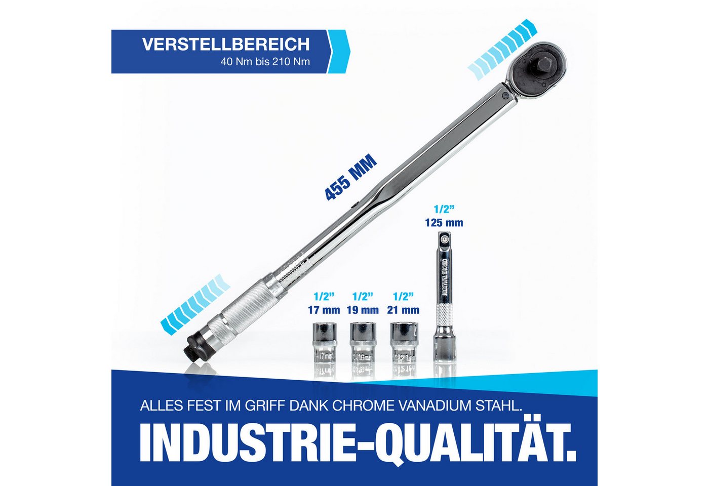NTG Nutzfahrzeug Technik GmbH Drehmomentschlüssel 1/2" Zoll 40-210Nm 17 19 21 mm Alustecknüsse Auto PKW + Koffer