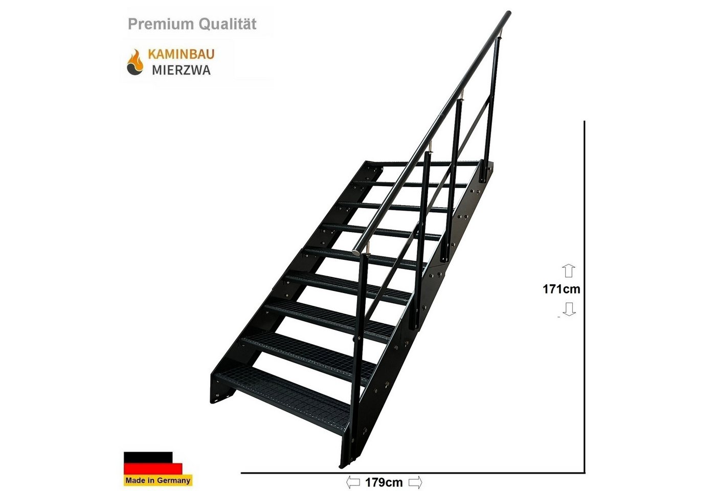 Kaminbau Mierzwa Außentreppe Stahltreppe 9 Stufen Anthrazit mit und ohne Geländer Höhe 171 cm, für Geschosshöhen bis 171 cm, Stufen Gitterroststufen nach DIN 24531, (Stufenbreite und Geländerart wählbar) Bild 2