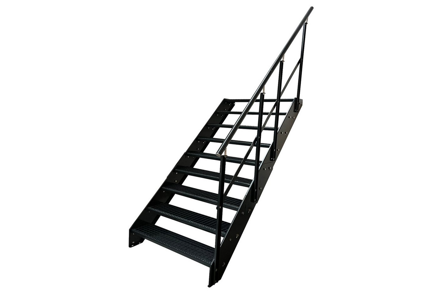Kaminbau Mierzwa Außentreppe Stahltreppe 9 Stufen Anthrazit mit und ohne Geländer Höhe 171 cm, für Geschosshöhen bis 171 cm, Stufen Gitterroststufen nach DIN 24531, (Stufenbreite und Geländerart wählbar) Bild 3