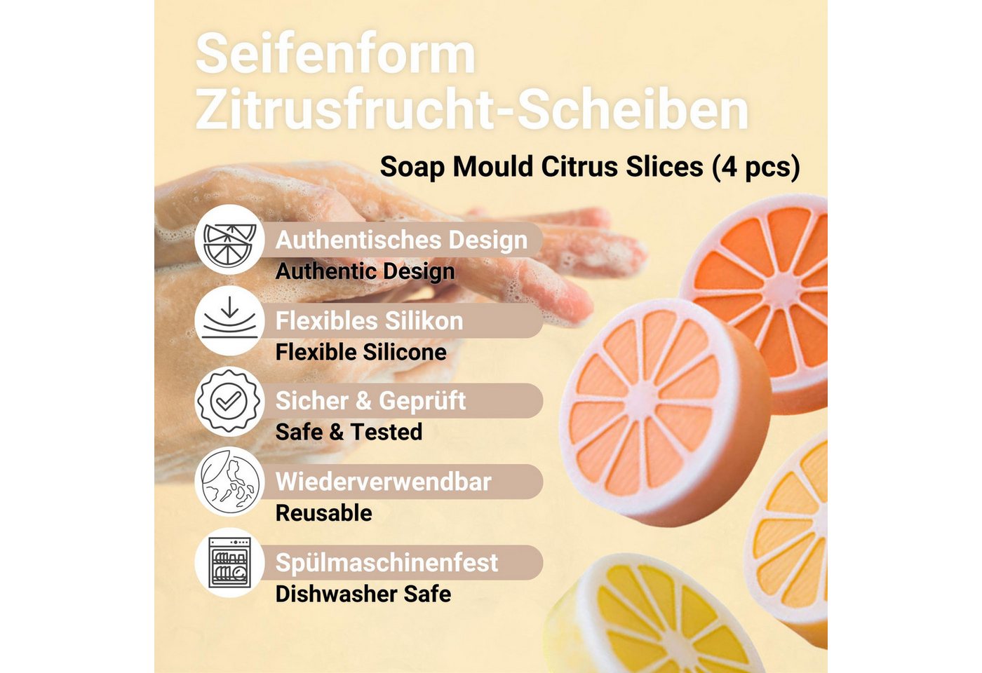 DistrEbution Silikonform Zitrusfrucht-Scheiben, Zitronen- & Orangenscheiben Design, Seifenform, Seife gießen, flexibel, spülmaschinenfest