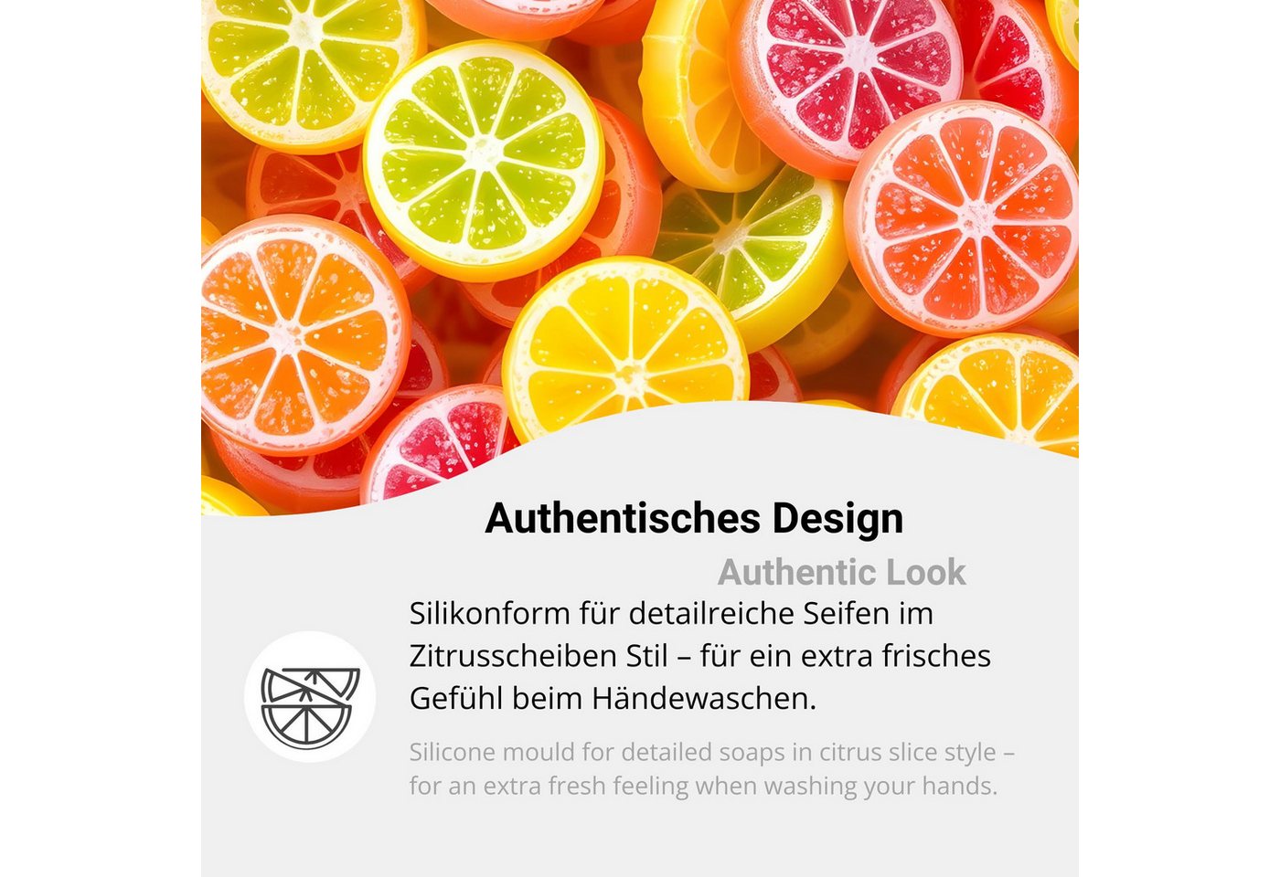 DistrEbution Silikonform Zitrusfrucht-Scheiben, Zitronen- & Orangenscheiben Design, Seifenform, Seife gießen, flexibel, spülmaschinenfest Bild 3