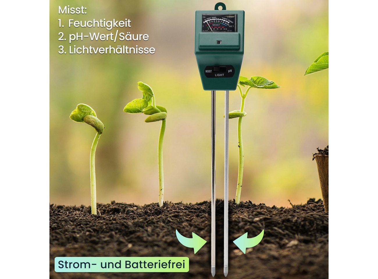 Casativo Feuchtigkeitsmesser 3in1 Bodentester Pflanzenerde-Messgerät für Feuchtigkeit pH-Wert Licht, (2-St., 1er-Set & 2er-Set & 4er-Set), 3-in-1 Bodentest strom- & batteriefrei/inkl. Tabelle mit Idealwerten Bild 2