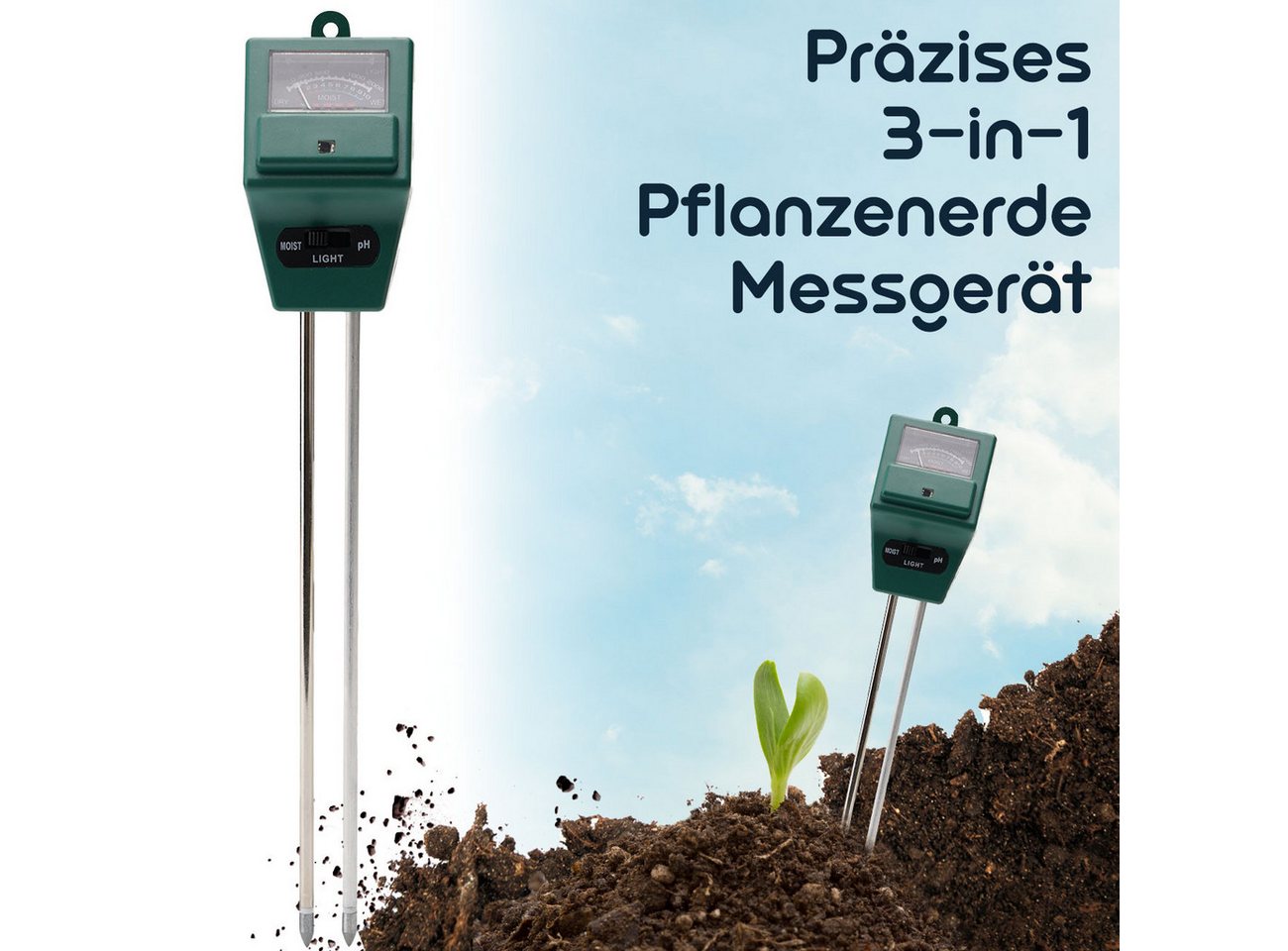 Casativo Feuchtigkeitsmesser 3in1 Bodentester Pflanzenerde-Messgerät für Feuchtigkeit pH-Wert Licht, (2-St., 1er-Set & 2er-Set & 4er-Set), 3-in-1 Bodentest strom- & batteriefrei/inkl. Tabelle mit Idealwerten Bild 4