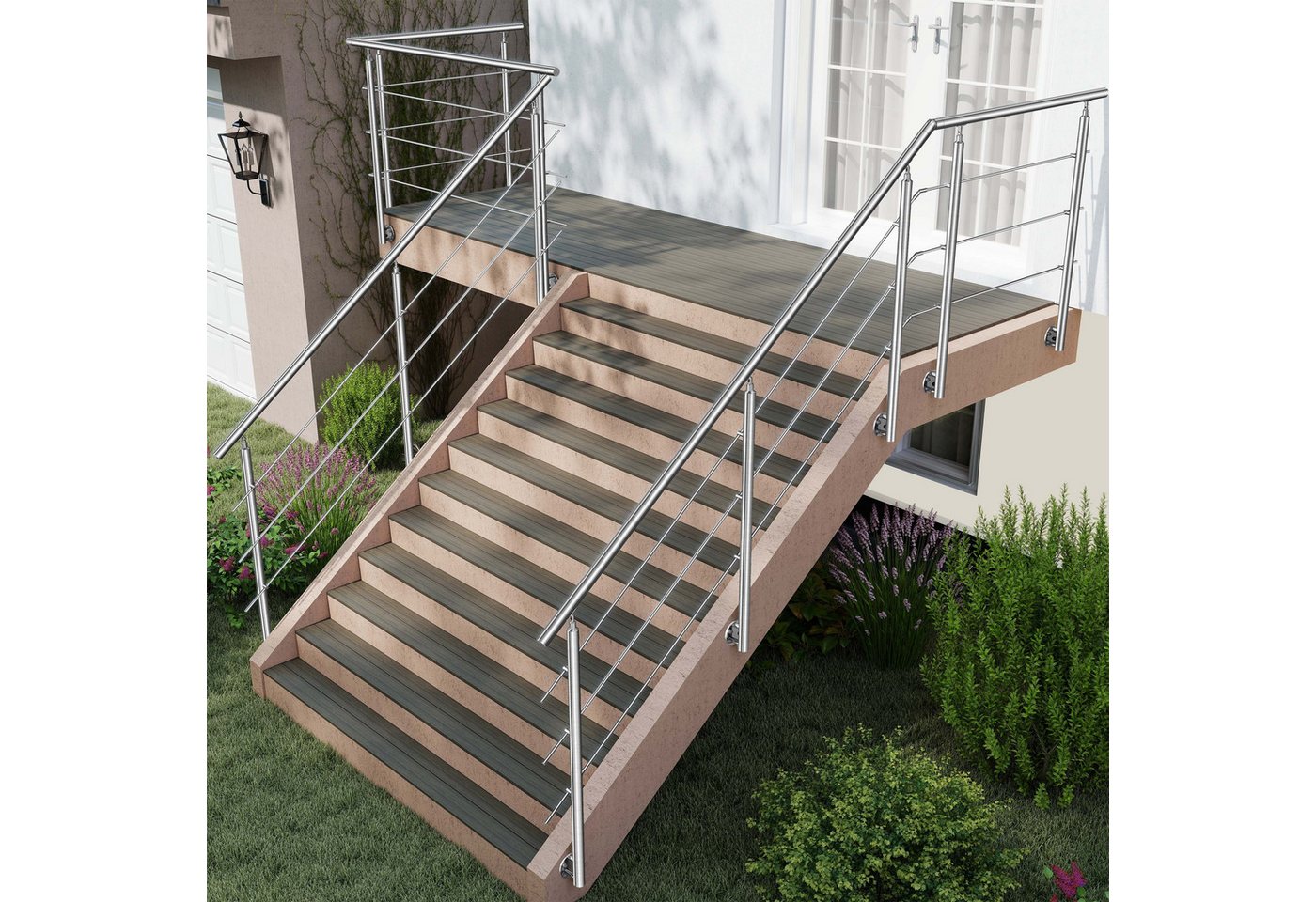 AICA Treppengeländer Geländer-Set aus Edelstahl 304 Seitenmontage Verlängerbar L 100-240 cm, 100 cm Länge, Packung, 3-tlg., V2A, höhen- und winkelverstellbar, wahlweise mit 3 oder 5 Querstreben