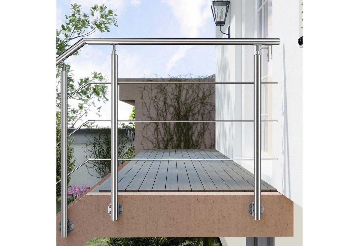 AICA Treppengeländer Geländer-Set aus Edelstahl 304 Seitenmontage Verlängerbar L 100-240 cm, 100 cm Länge, Packung, 3-tlg., V2A, höhen- und winkelverstellbar, wahlweise mit 3 oder 5 Querstreben Bild 2