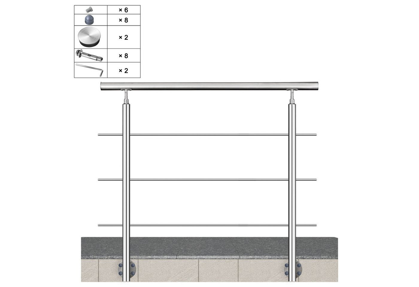 AICA Treppengeländer Geländer-Set aus Edelstahl 304 Seitenmontage Verlängerbar L 100-240 cm, 100 cm Länge, Packung, 3-tlg., V2A, höhen- und winkelverstellbar, wahlweise mit 3 oder 5 Querstreben Bild 4
