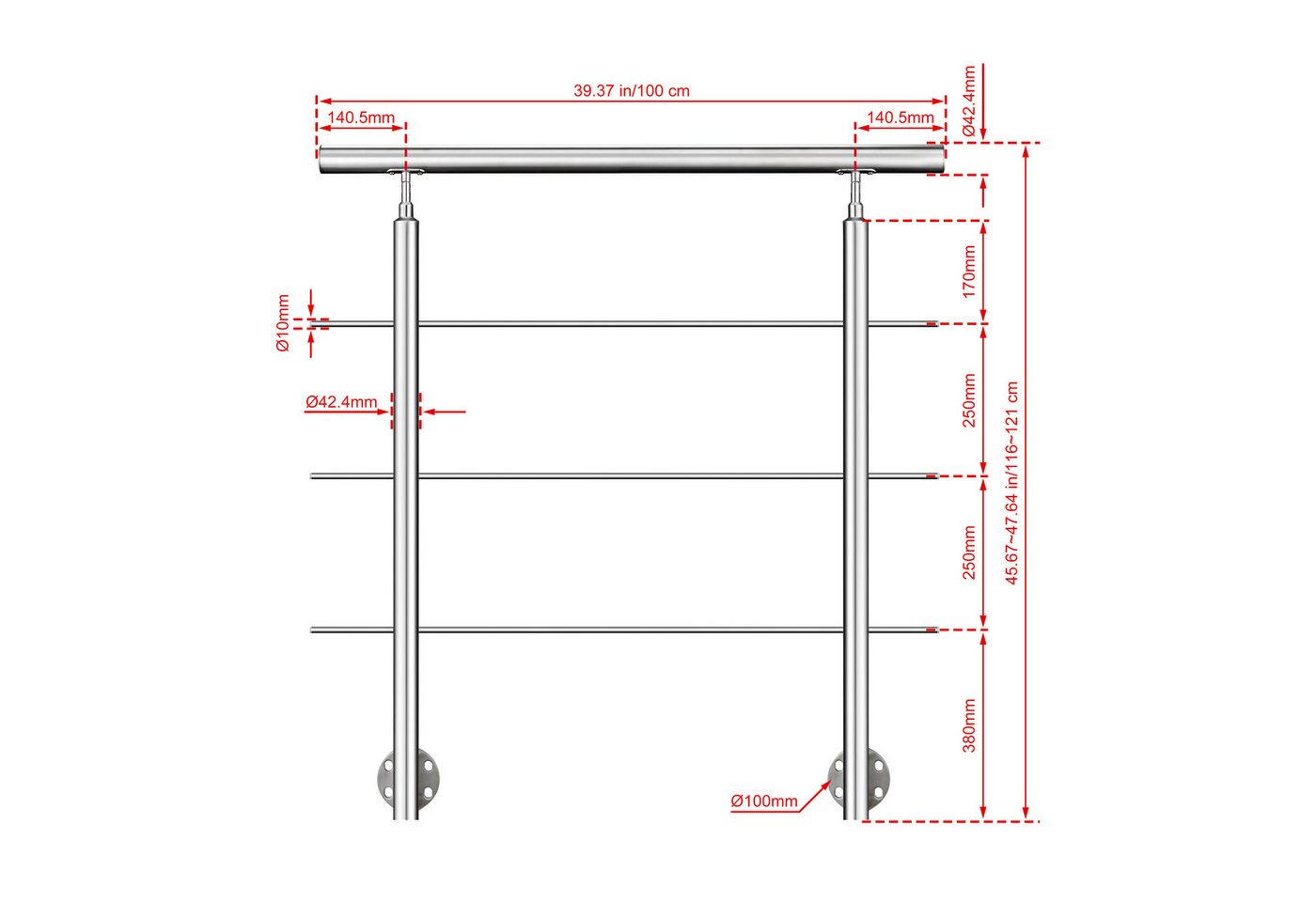 AICA Treppengeländer Geländer-Set aus Edelstahl 304 Seitenmontage Verlängerbar L 100-240 cm, 100 cm Länge, Packung, 3-tlg., V2A, höhen- und winkelverstellbar, wahlweise mit 3 oder 5 Querstreben Bild 5