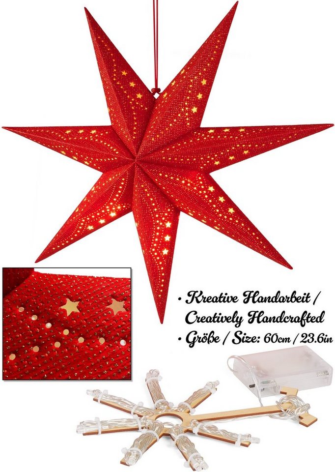 BRUBAKER LED Stern 3D Weihnachtsstern zum Aufhängen - LED Papierstern mit Timer, Batteriebetrieben und Beleuchtet, LED fest integriert, Warmweiß, 60 cm Adventsstern mit modernem Muster - Leuchtstern Deko Weihnachten Bild 2