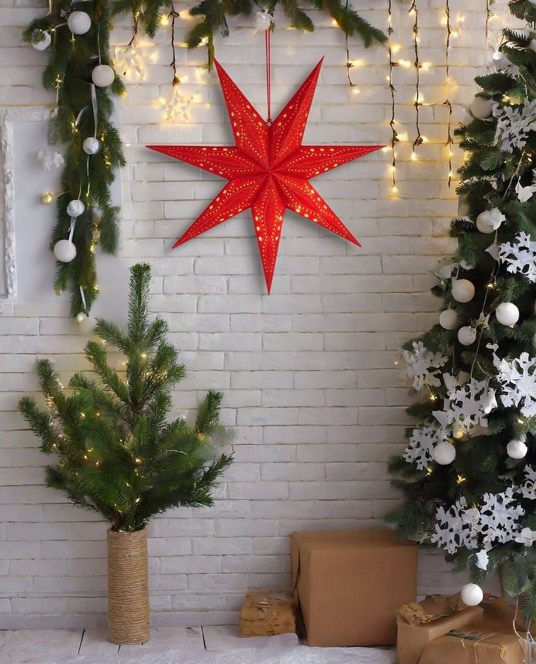 BRUBAKER LED Stern 3D Weihnachtsstern zum Aufhängen - LED Papierstern mit Timer, Batteriebetrieben und Beleuchtet, LED fest integriert, Warmweiß, 60 cm Adventsstern mit modernem Muster - Leuchtstern Deko Weihnachten Bild 4