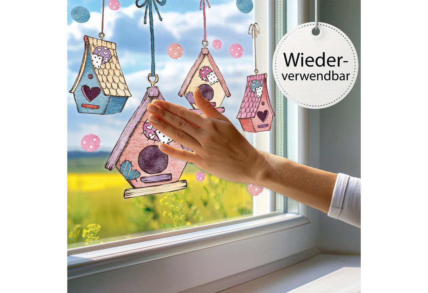 Sunnywall Fensterdekoration wiederverwendbares Fensterbild Vogelhaus niedlich Vogel Häusschen, wiederverwendbar, statisch haftend, beidseitiger Druck